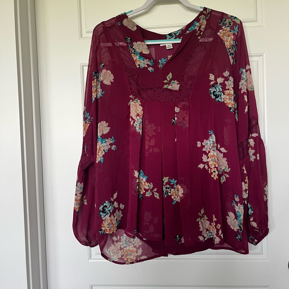 JohnPaulRichard Red Pleated Long Sleeve Blouse
